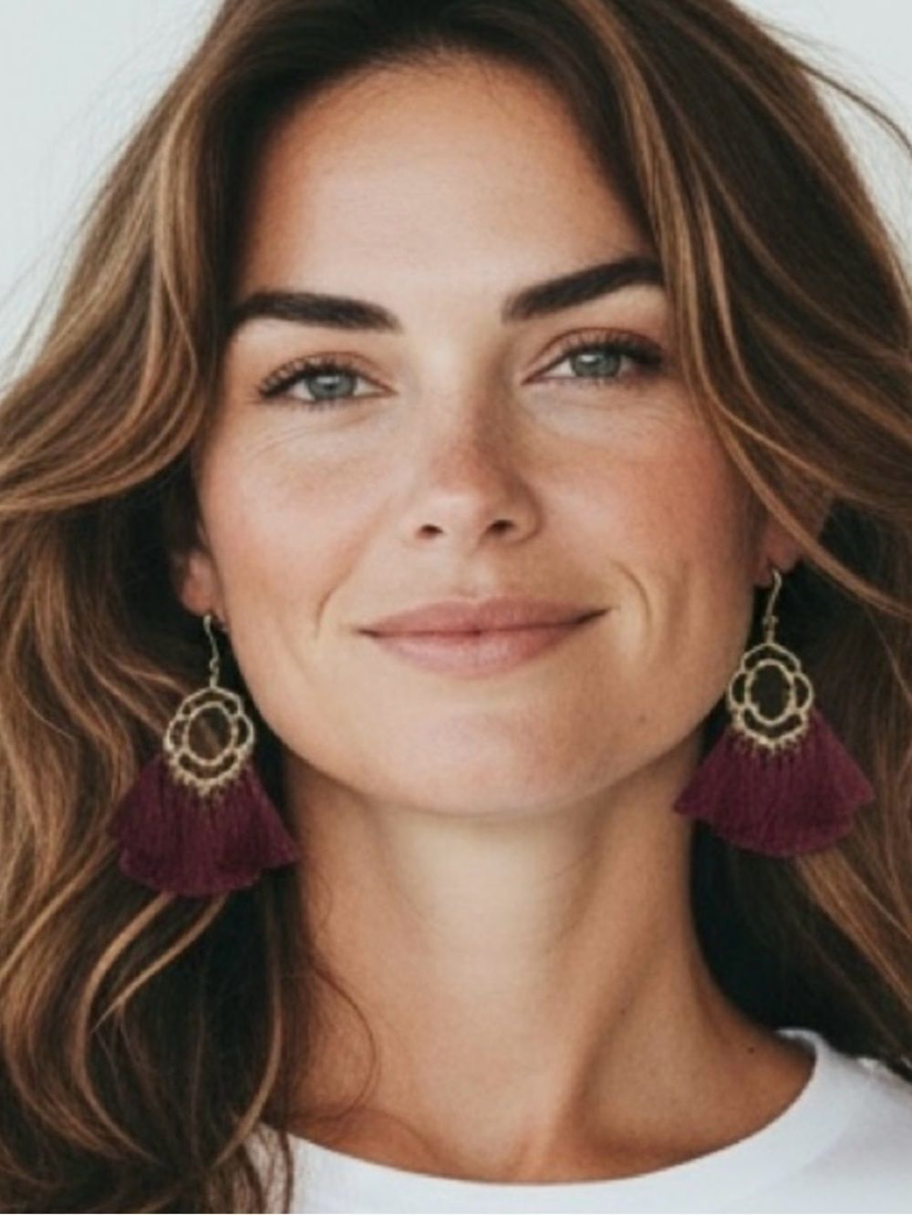 Clover Boho Tassel Drop Earrings in Deep Wine